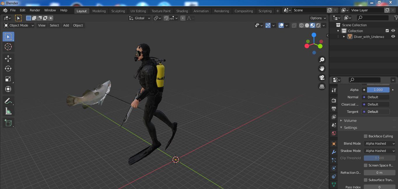 Diver with Underwater Speargun and Fish 3D model