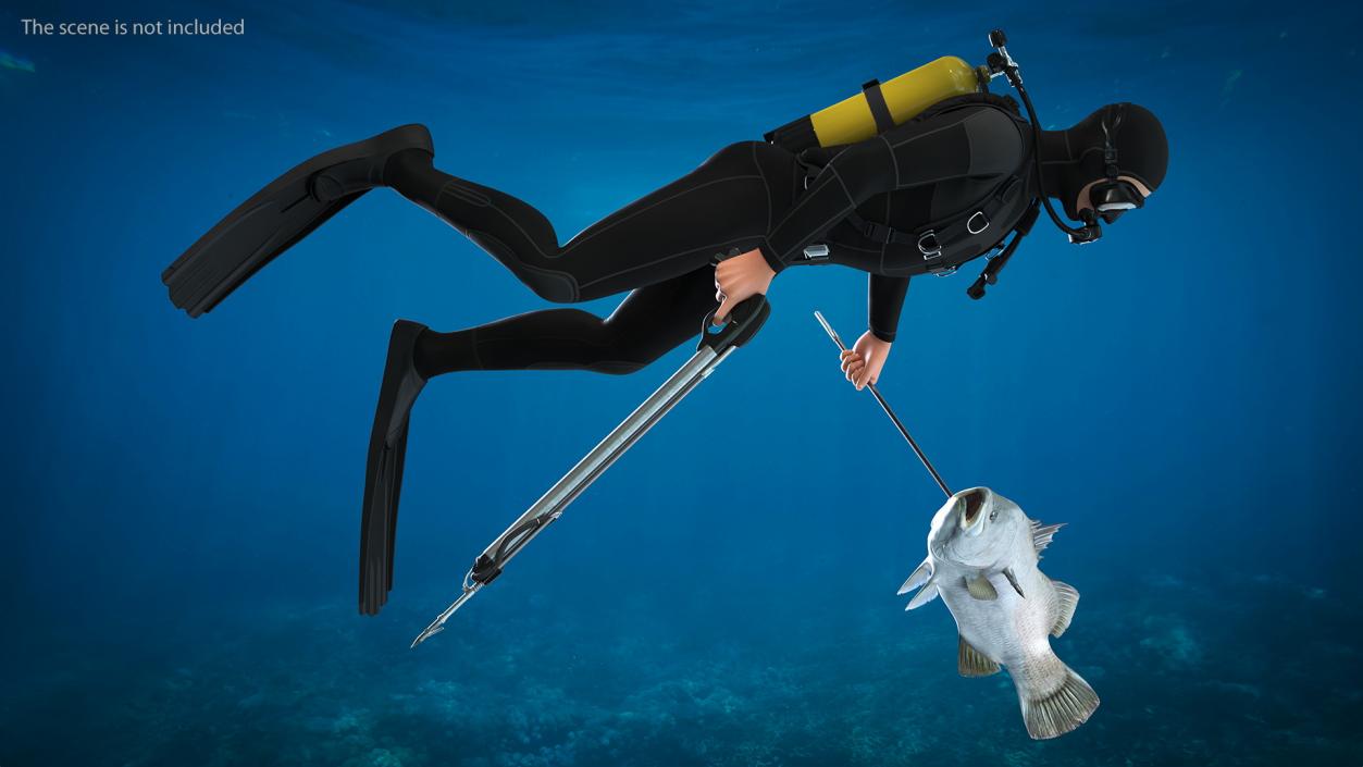 Diver with Underwater Speargun and Fish 3D model