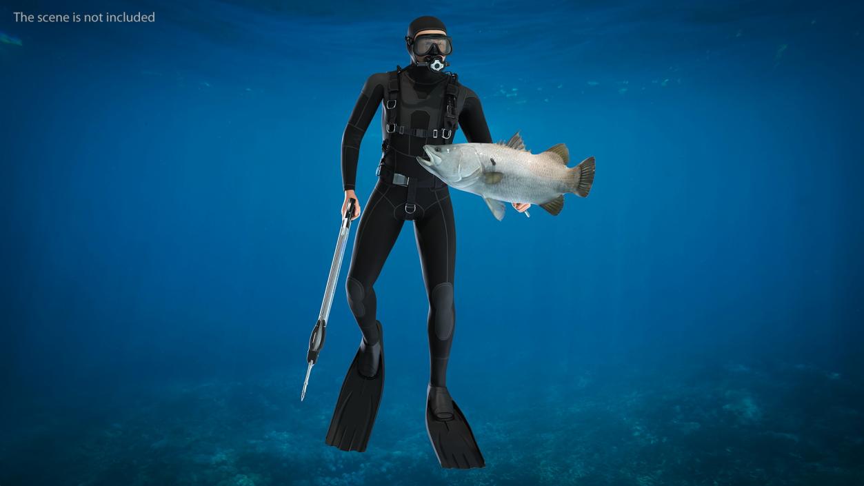 Diver with Underwater Speargun and Fish 3D model