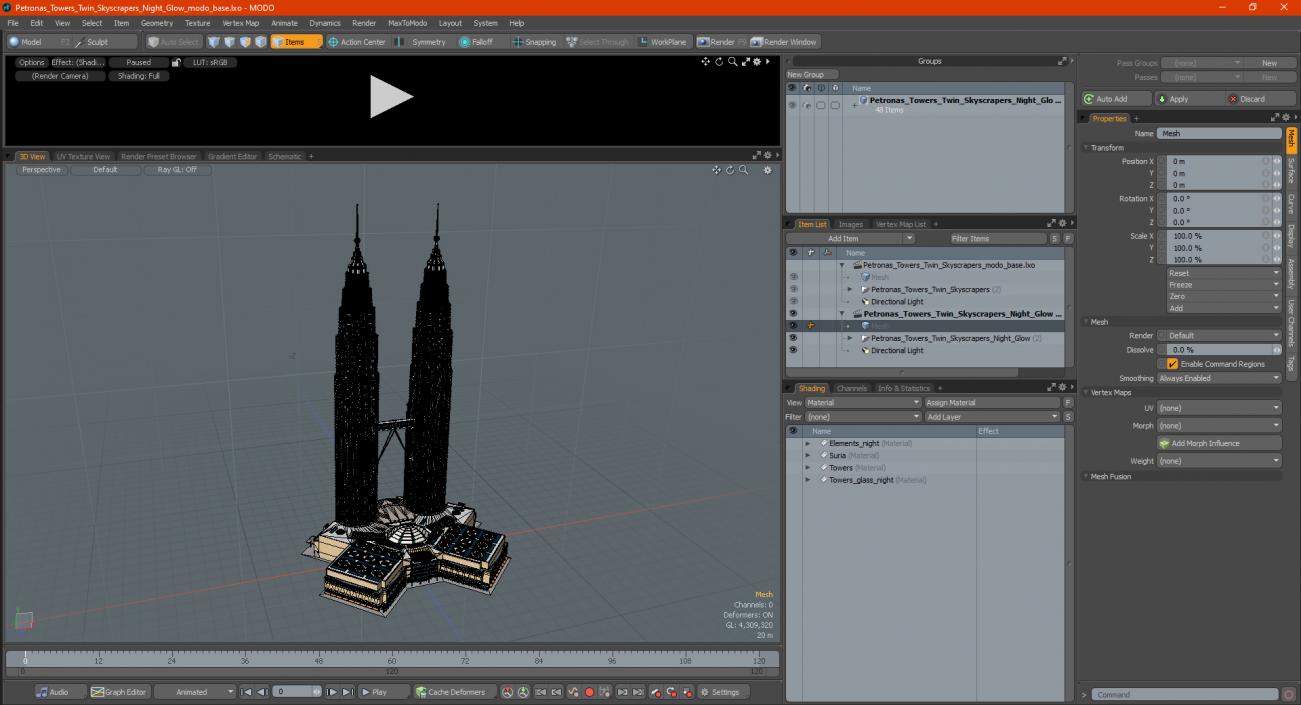 3D Petronas Towers Twin Skyscrapers Night Glow model