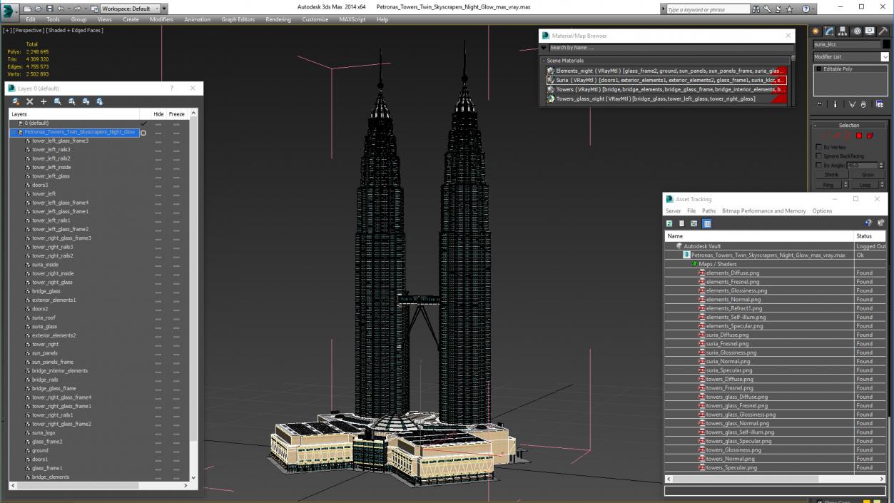 3D Petronas Towers Twin Skyscrapers Night Glow model