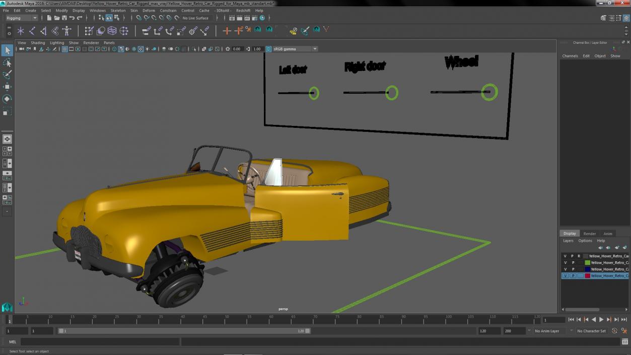 3D Yellow Hover Retro Car Rigged for Maya model