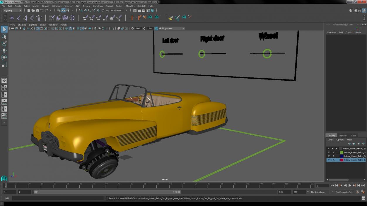 3D Yellow Hover Retro Car Rigged for Maya model