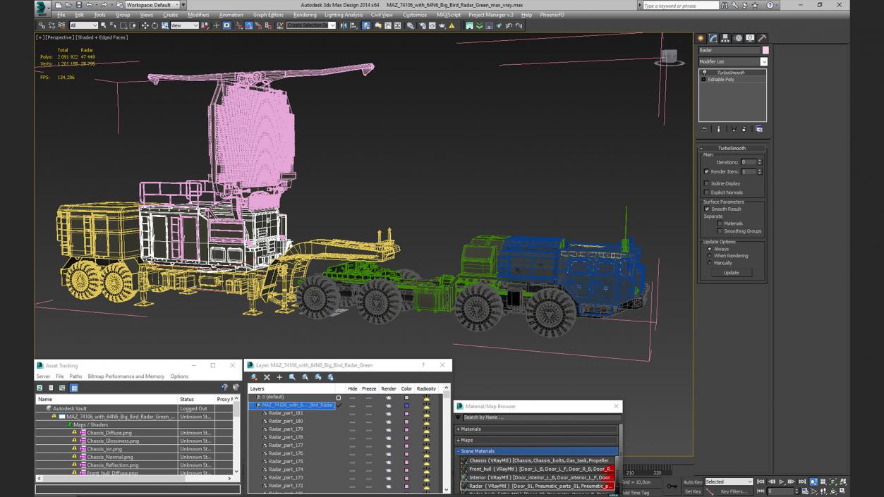 3D model MAZ 74106 with 64N6 Big Bird Radar Green