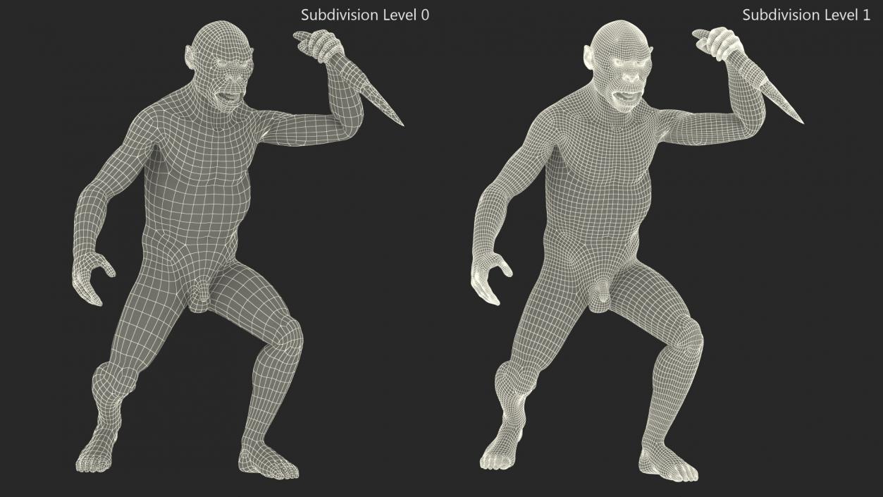 Homo Habilis with Knife in Fighting Pose Fur 3D model