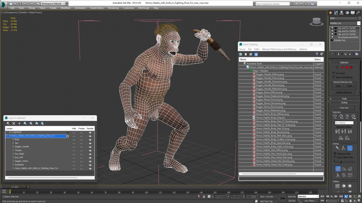 Homo Habilis with Knife in Fighting Pose Fur 3D model
