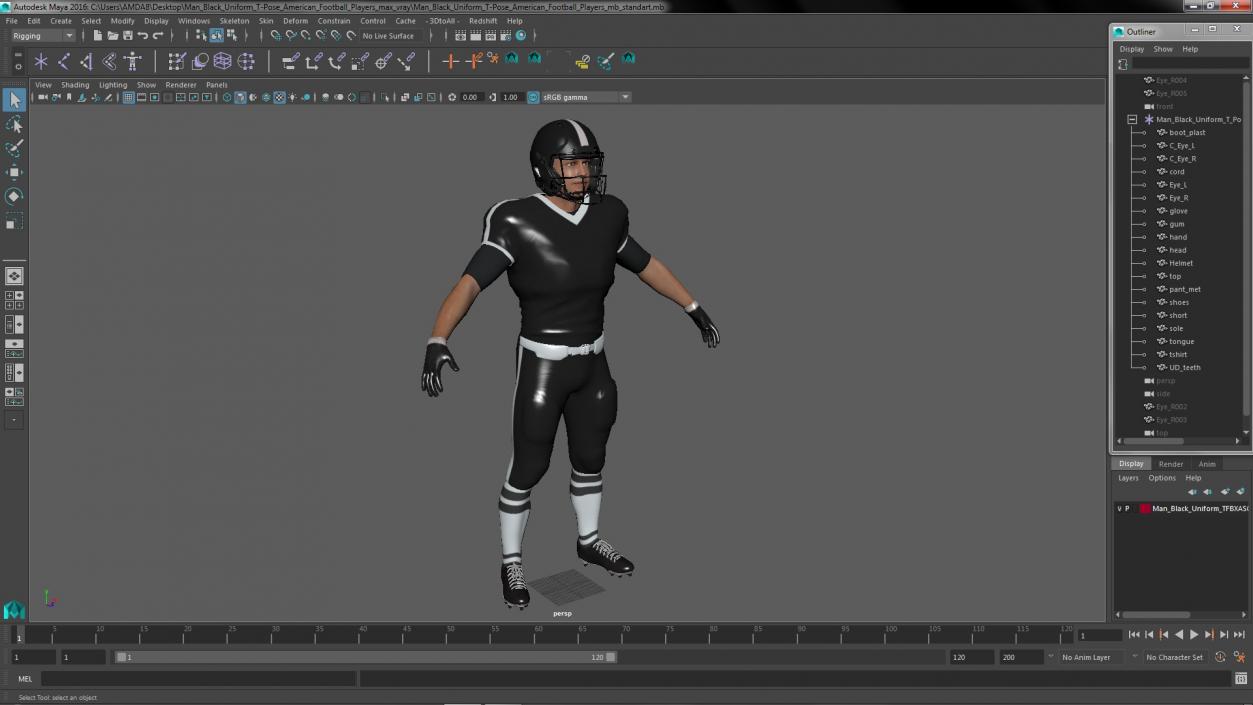 3D model Man Black Uniform T-Pose American Football Players