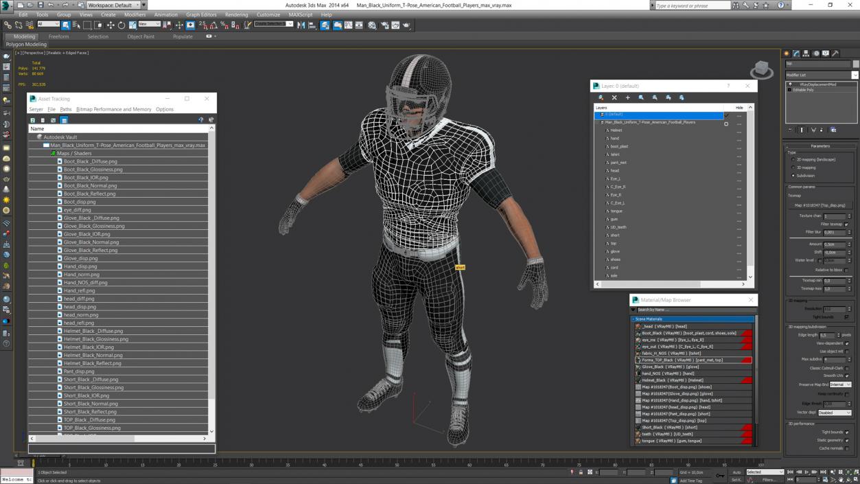 3D model Man Black Uniform T-Pose American Football Players