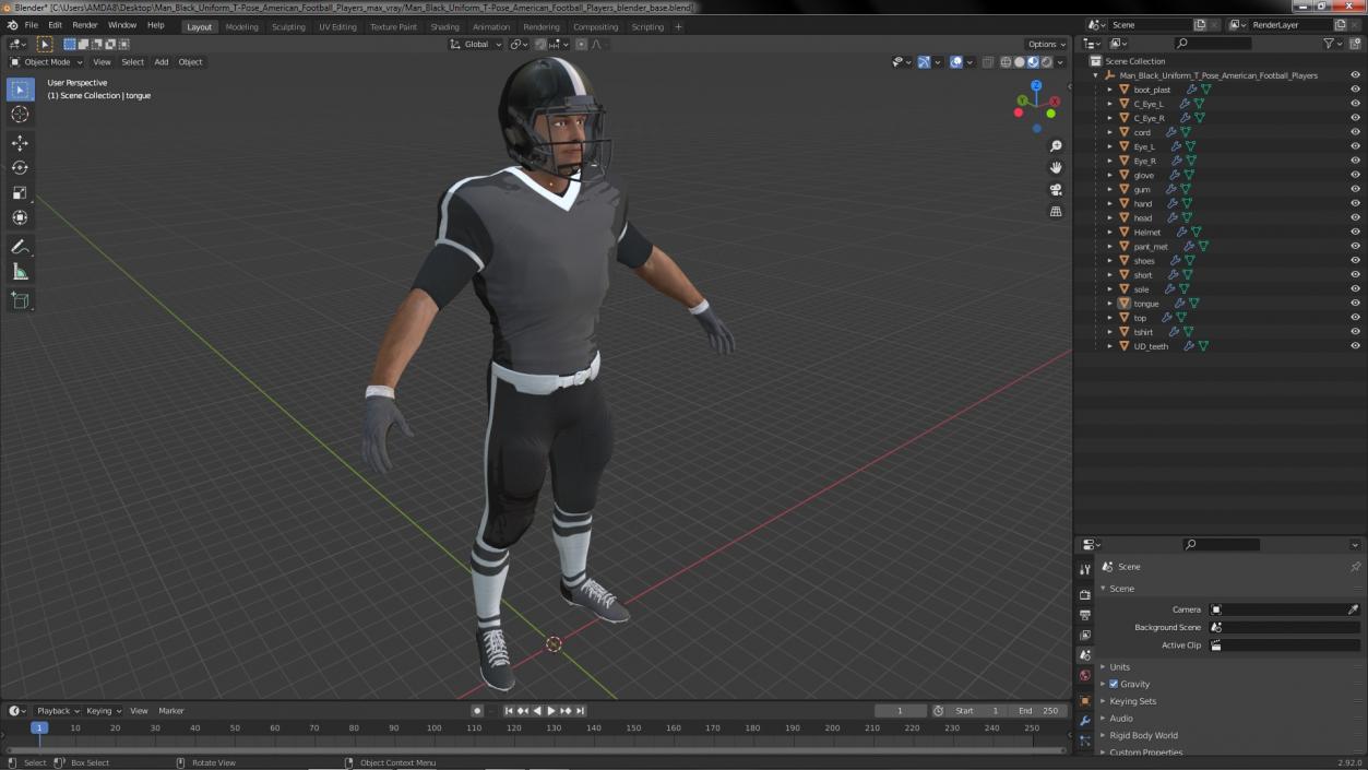 3D model Man Black Uniform T-Pose American Football Players