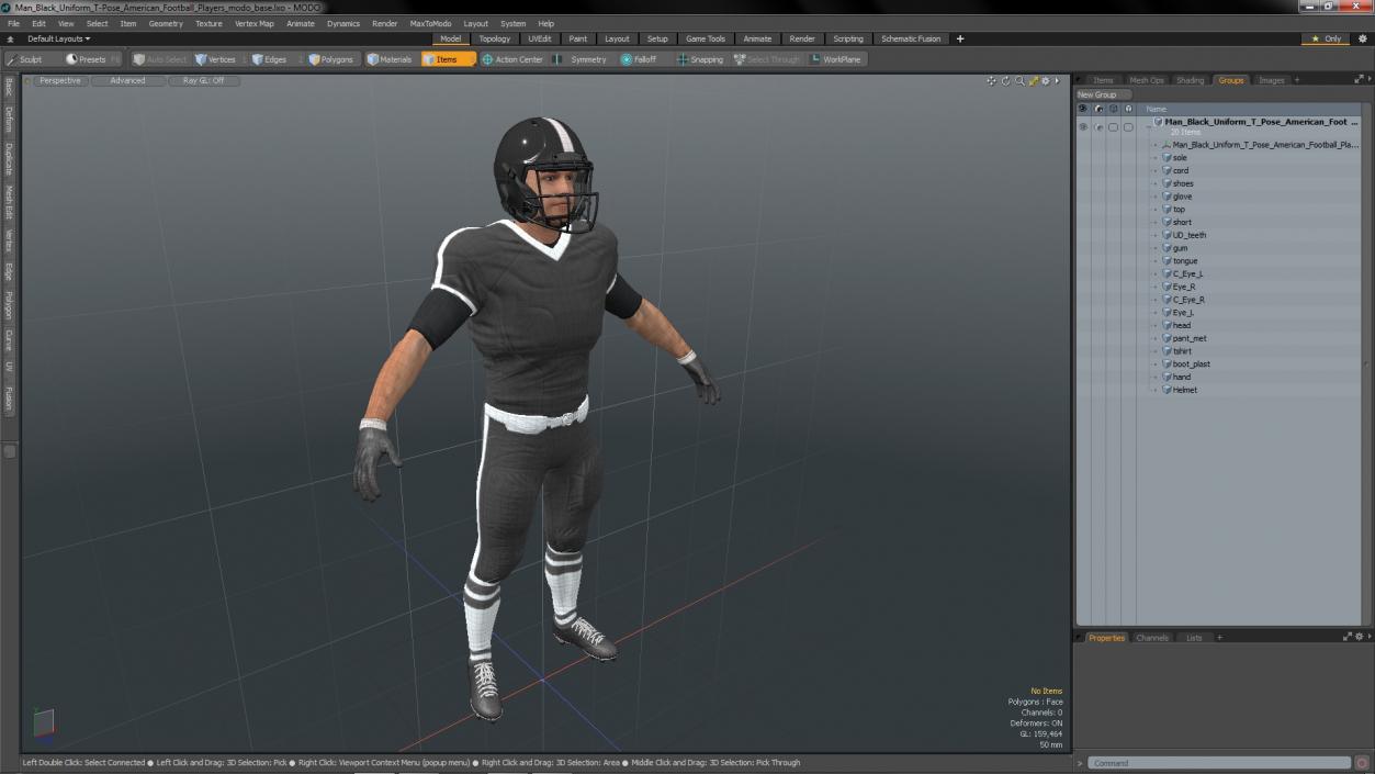 3D model Man Black Uniform T-Pose American Football Players