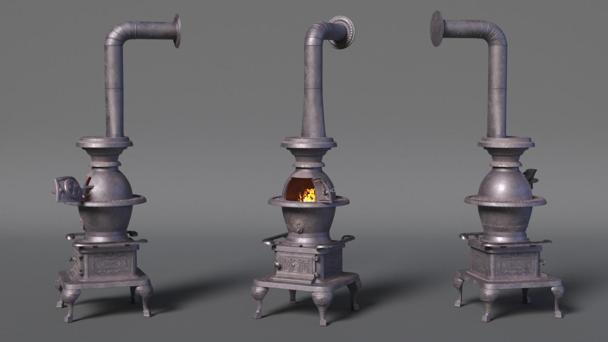 Retro Potbelly Stove Old with Fire 3D model