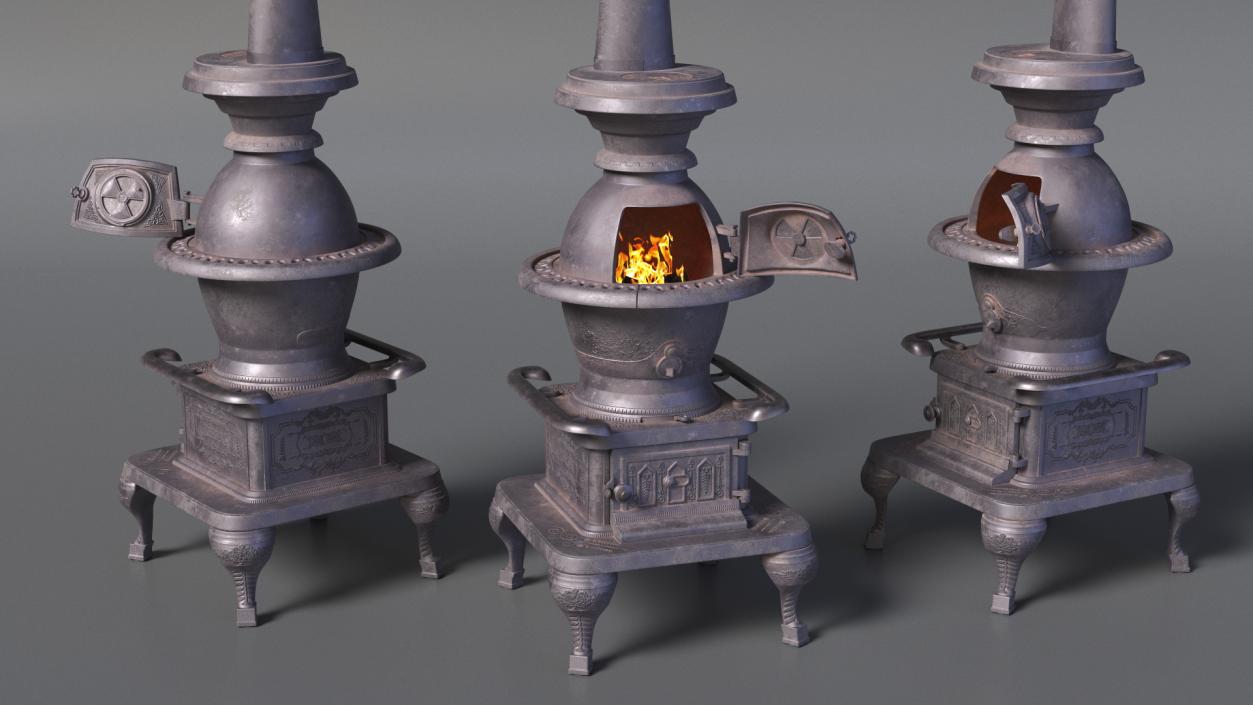 Retro Potbelly Stove Old with Fire 3D model