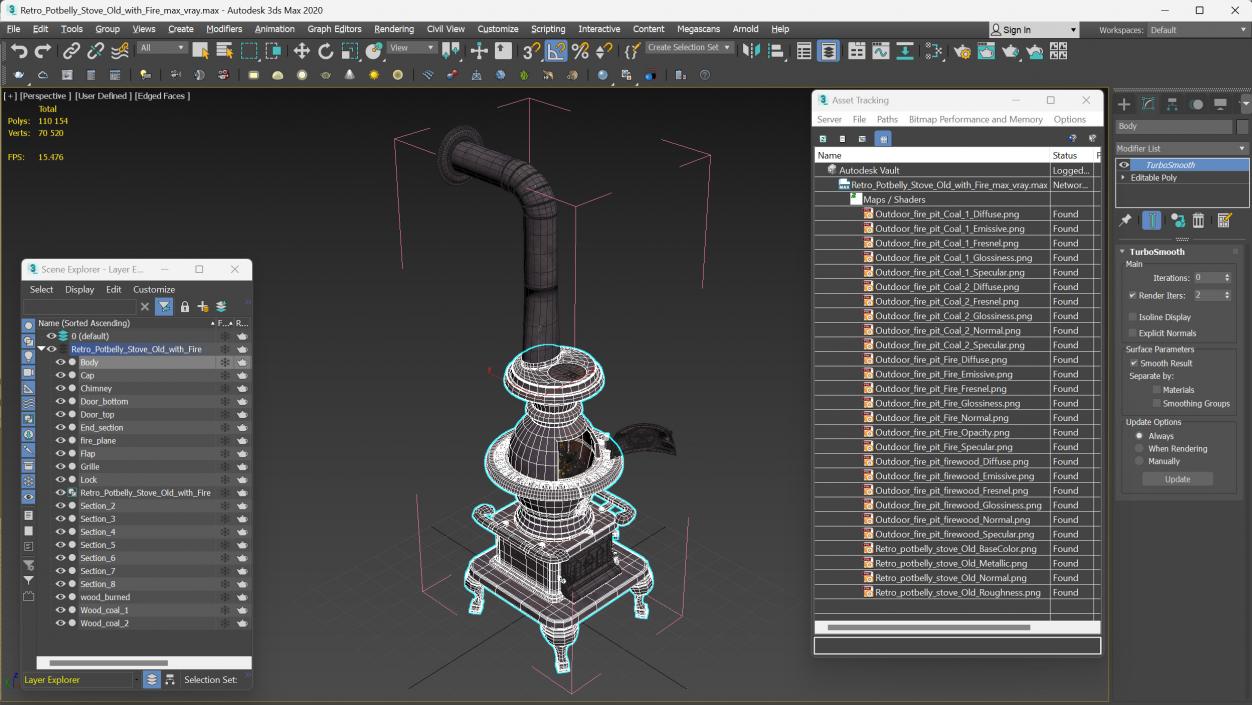 Retro Potbelly Stove Old with Fire 3D model