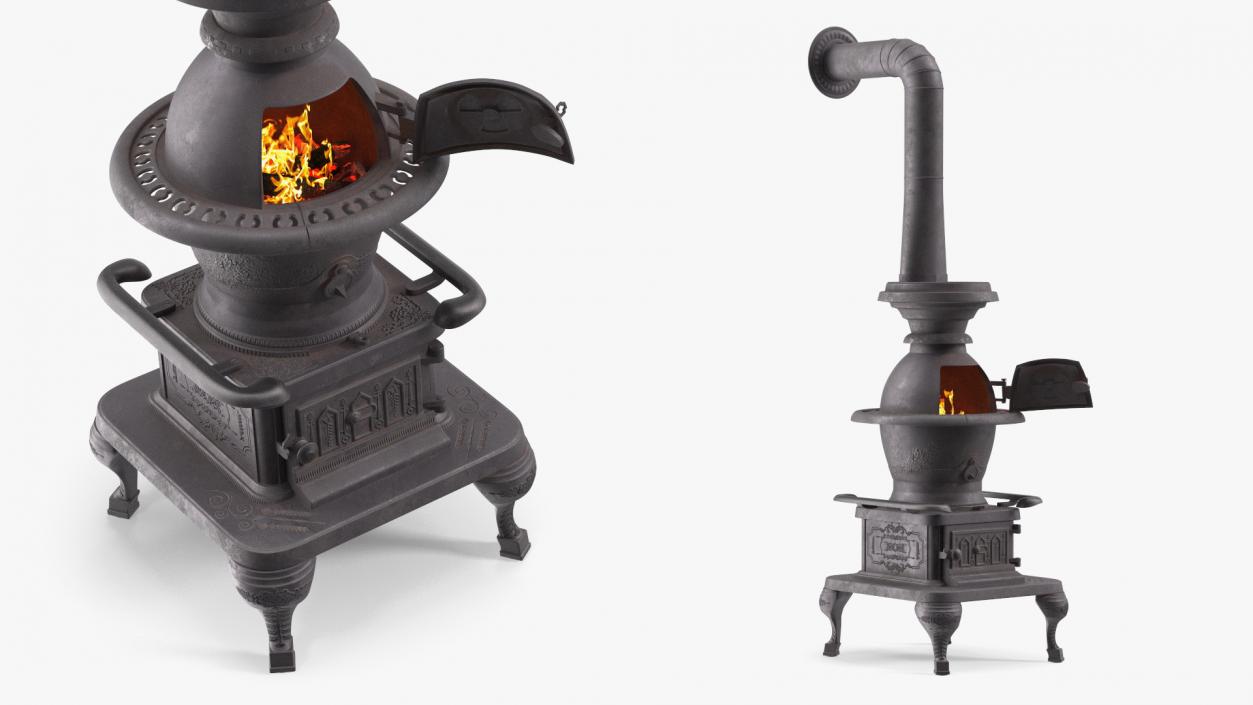 Retro Potbelly Stove Old with Fire 3D model