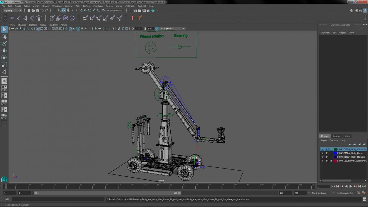 3D Dolly 4x4 with Mini Crane Rigged for Maya
