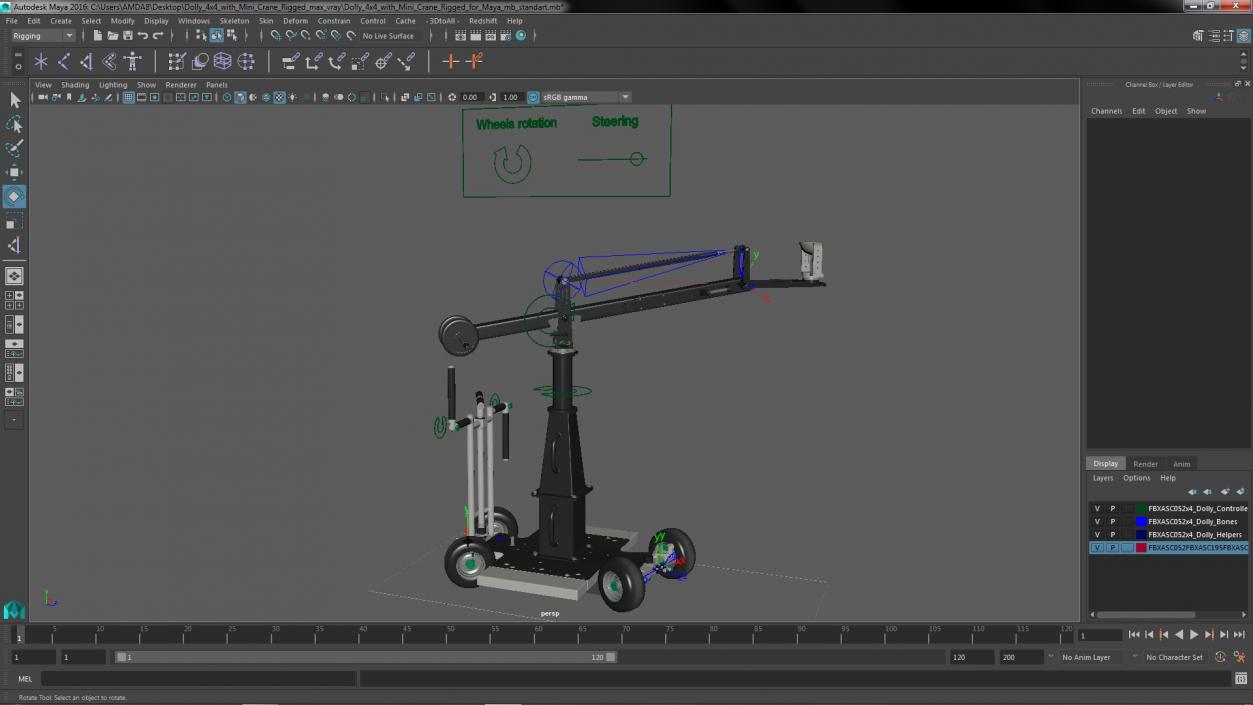 3D Dolly 4x4 with Mini Crane Rigged for Maya