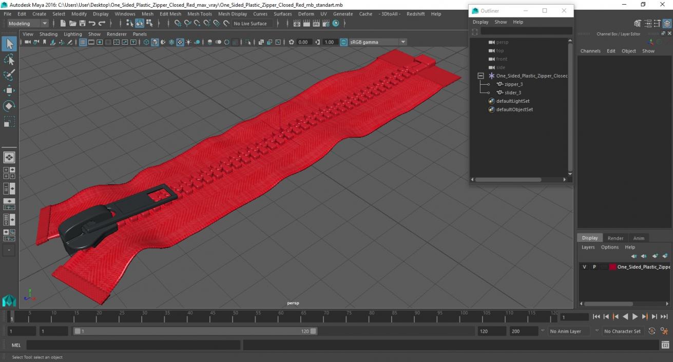 3D model One Sided Plastic Zipper Closed Red