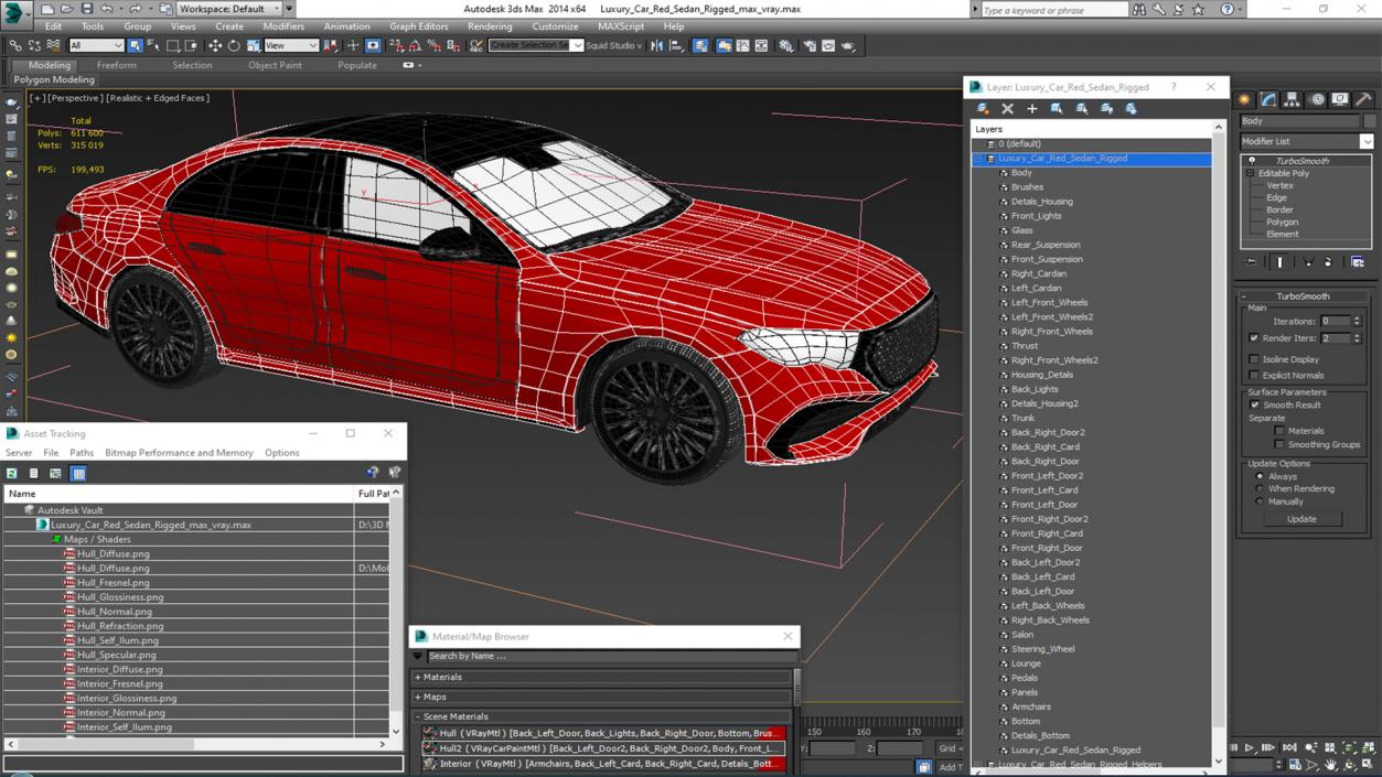 3D Luxury Car Red Sedan Rigged for Maya