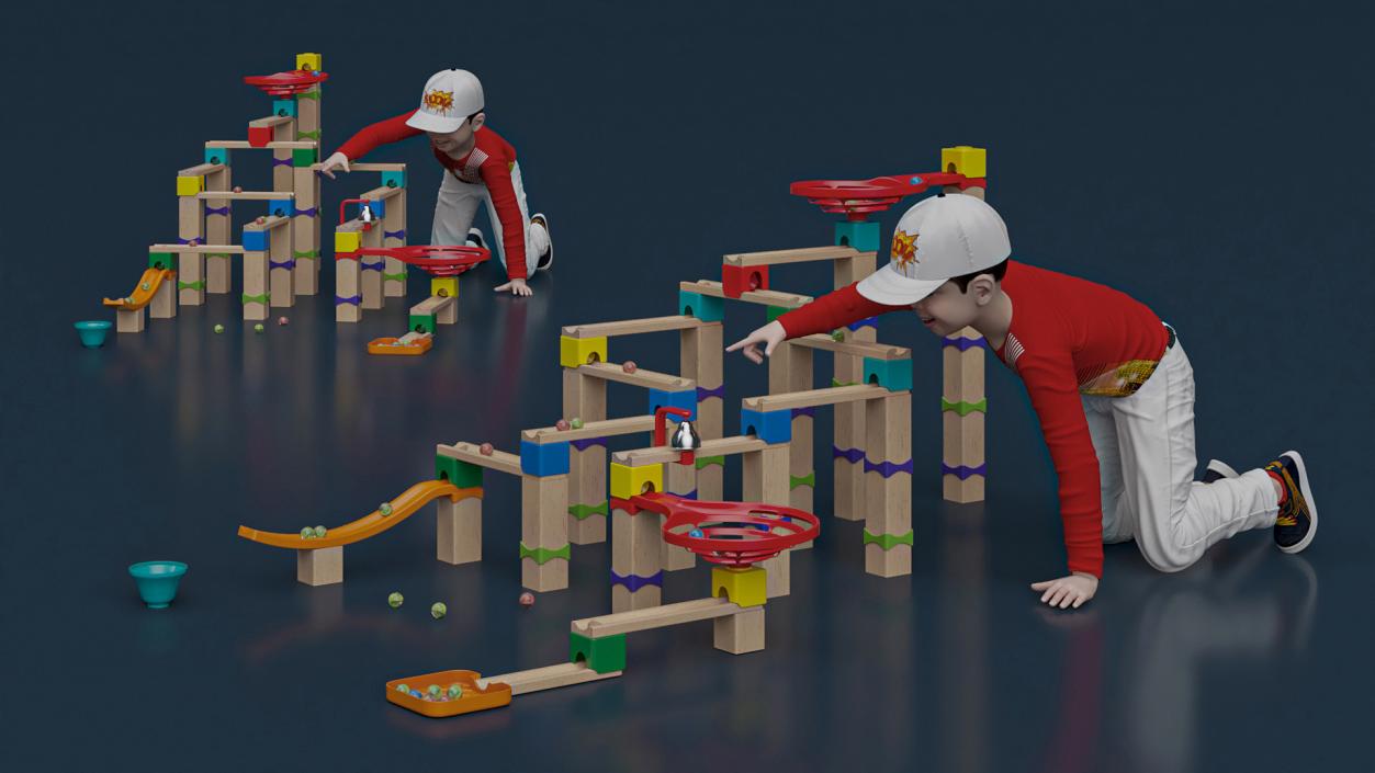 3D model Wooden Marble Run Toy with Child Playing