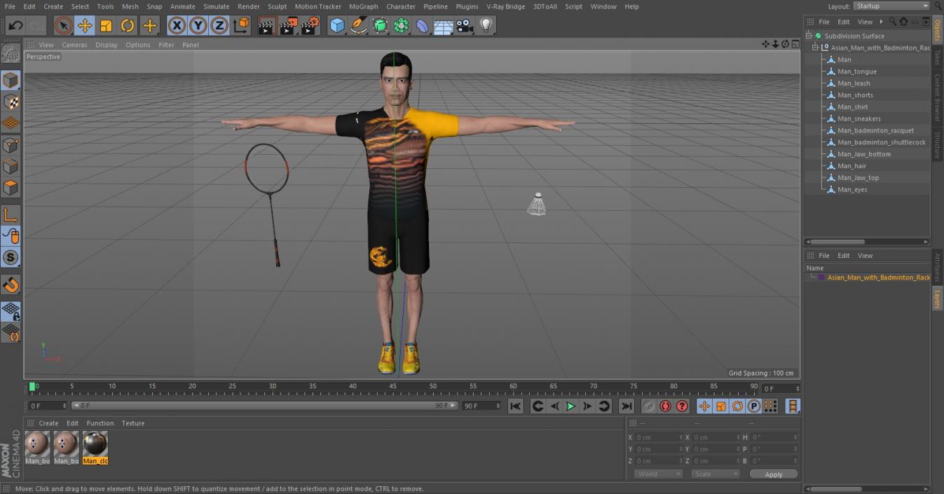 3D Asian Man with Badminton Racket T Pose model