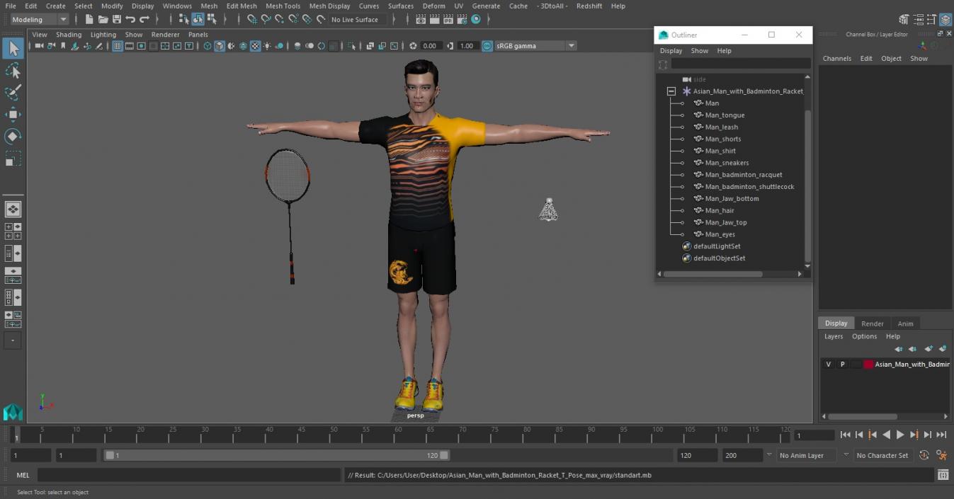 3D Asian Man with Badminton Racket T Pose model