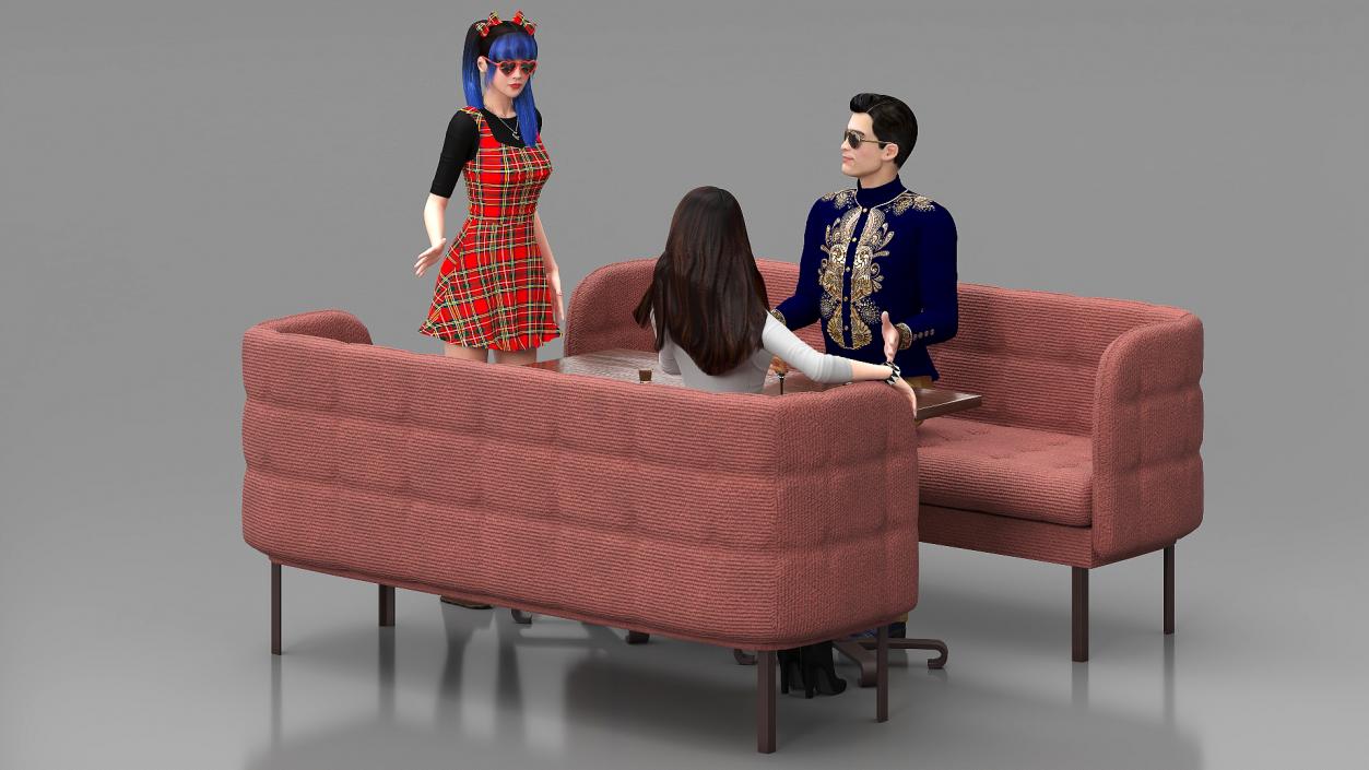 3D model Casual Meeting with Three Characters in Cafe Table