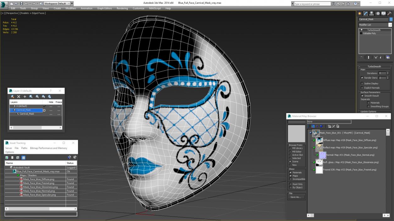 3D Blue Full Face Carnival Mask model