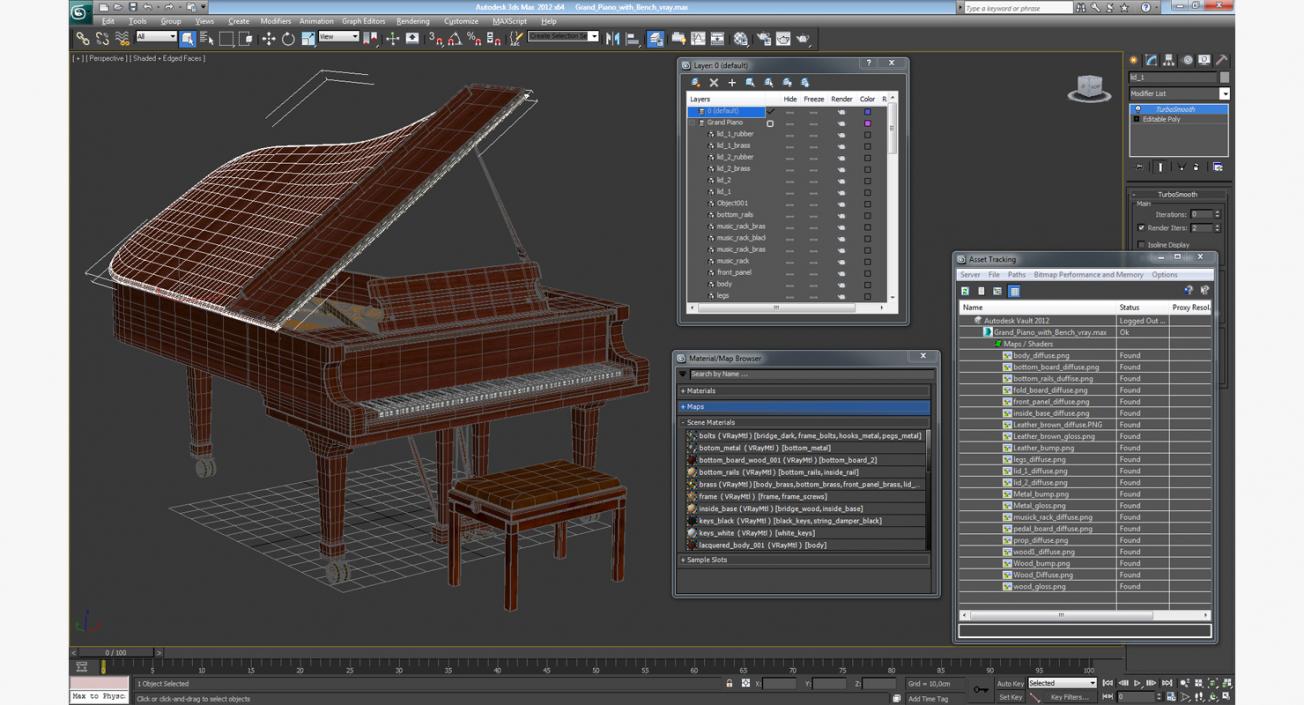 Grand Piano with Bench 3D