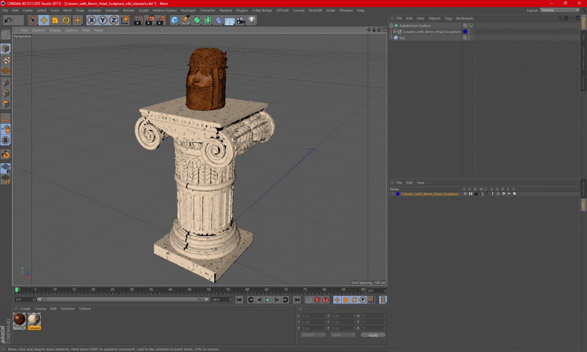 Column with Benin Head Sculpture 3D