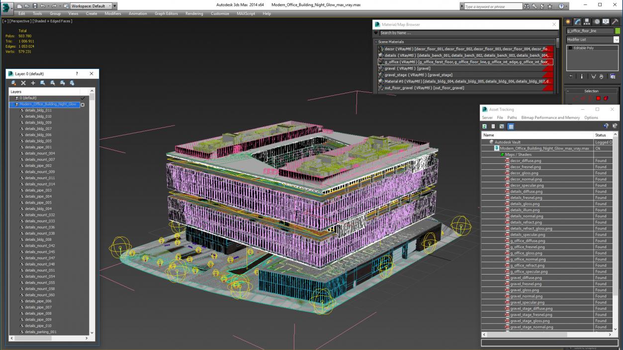 3D Modern Office Building Night Glow model