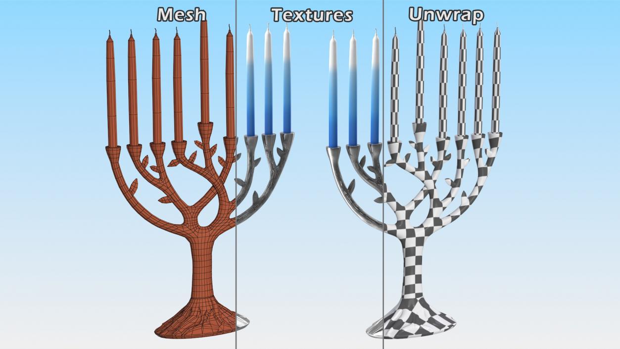 3D Hanukkah Menorah Candelabrum Silver with Candles model