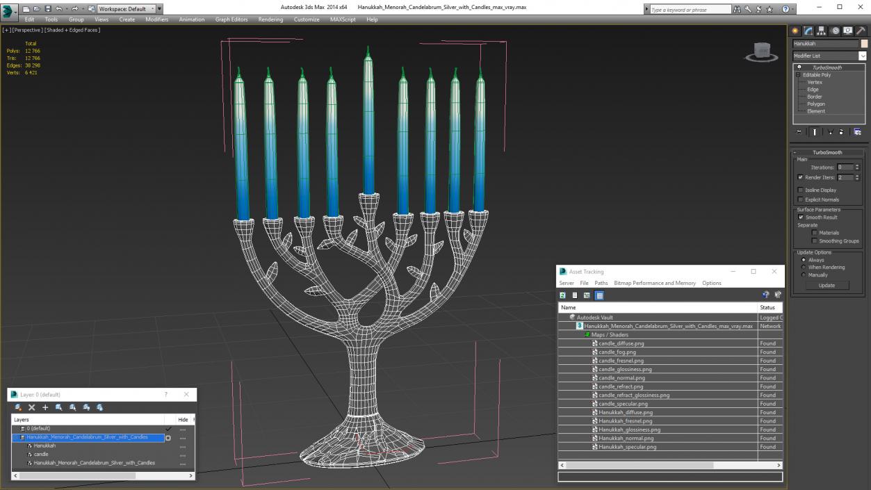 3D Hanukkah Menorah Candelabrum Silver with Candles model