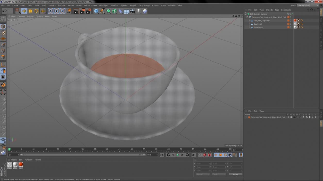 Drinking Tea Cup with Plate Half Full 3D