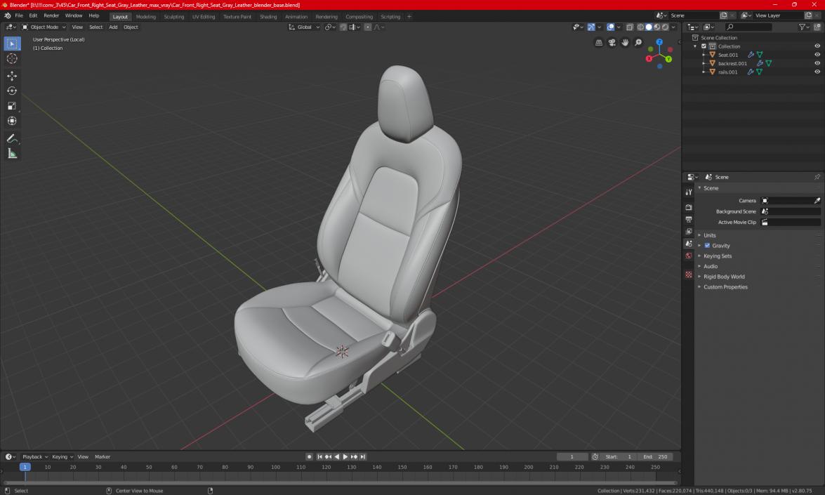 3D Car Front Right Seat Gray Leather model