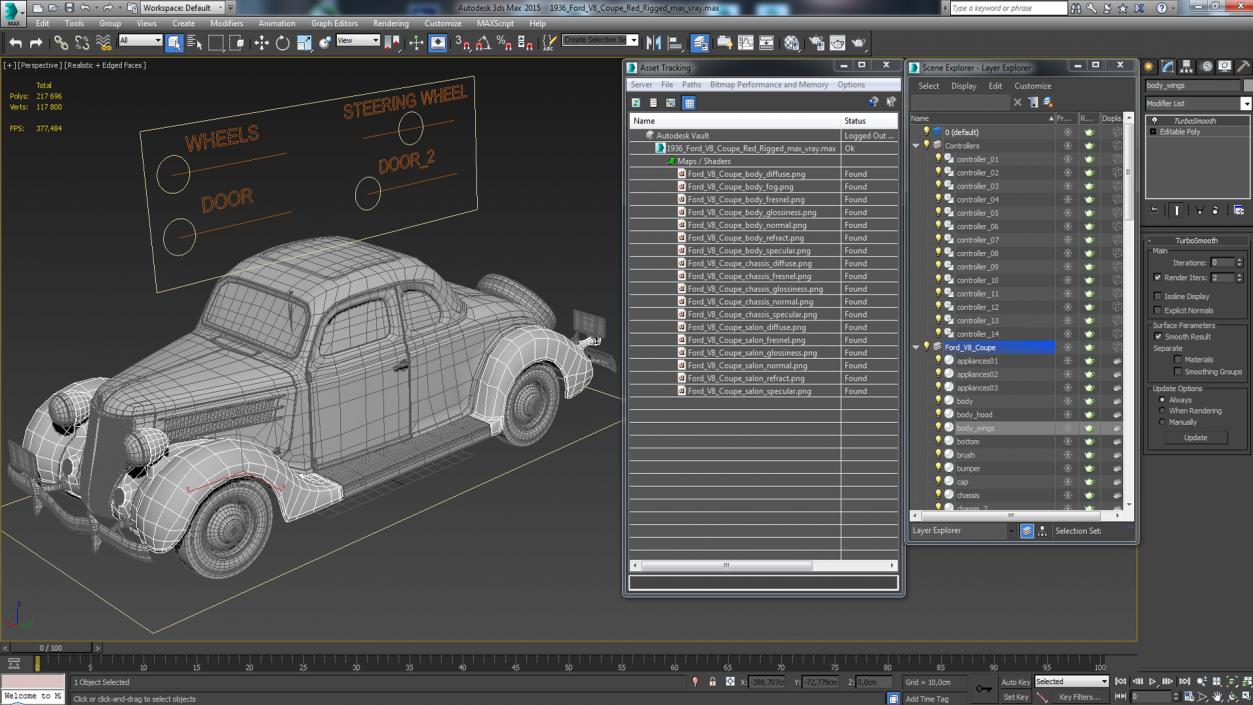 1936 Ford V8 Coupe Red Rigged 3D model