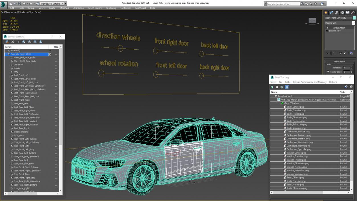 3D Audi A8L Horch Limousine Grey Rigged