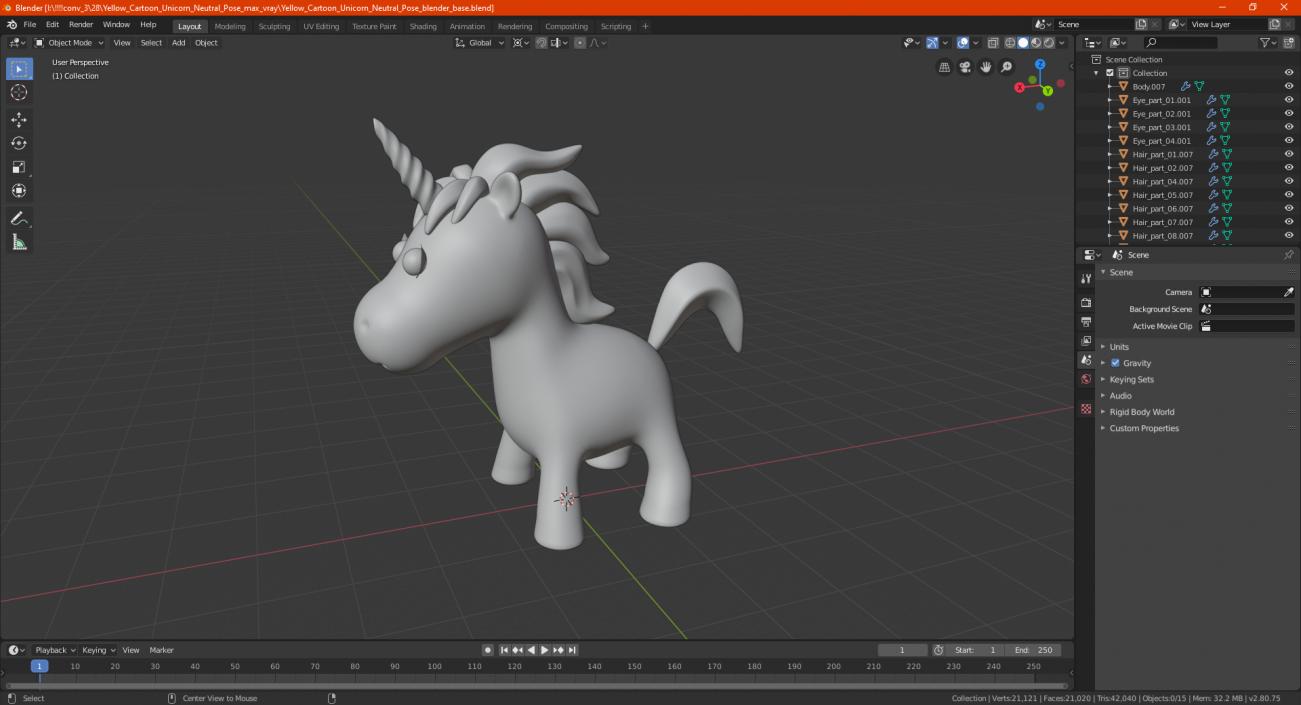 3D model Yellow Cartoon Unicorn Neutral Pose