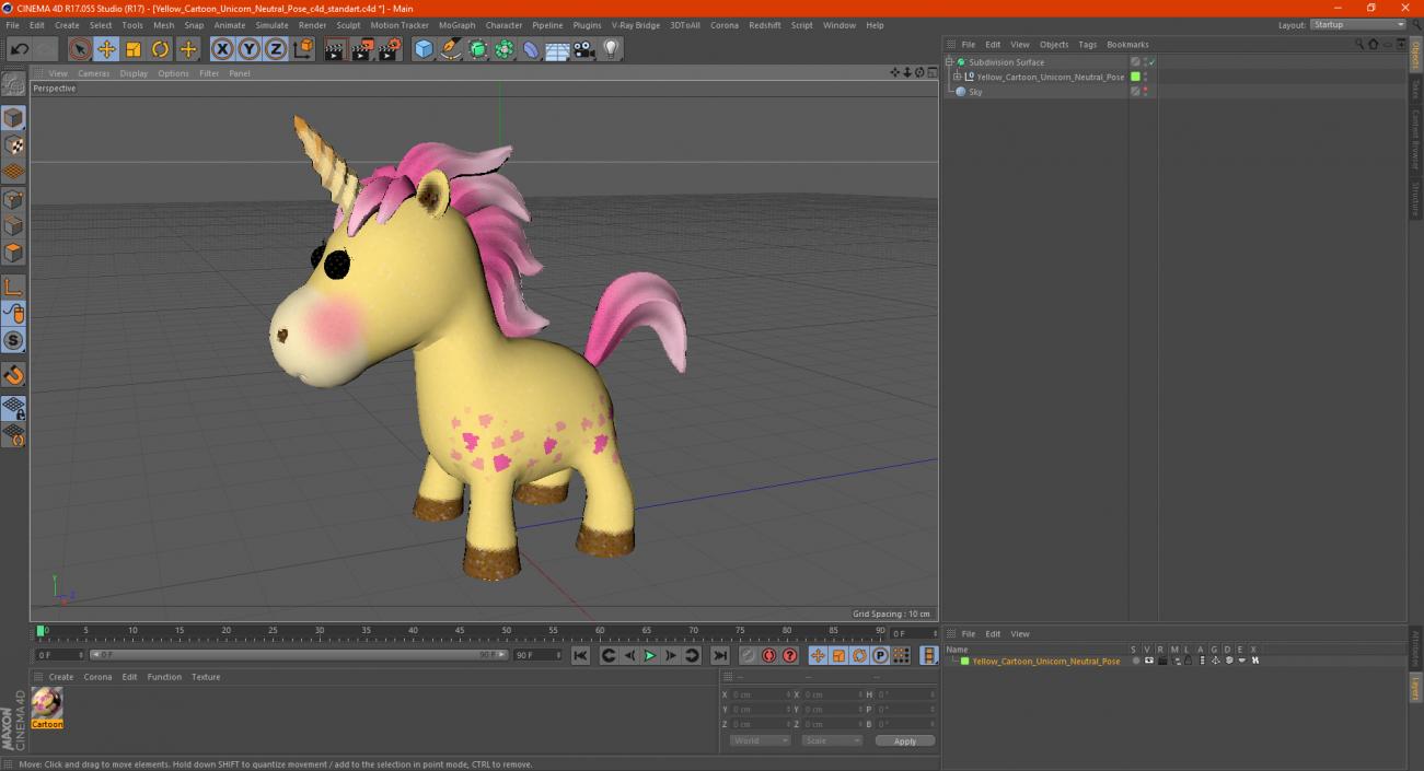 3D model Yellow Cartoon Unicorn Neutral Pose