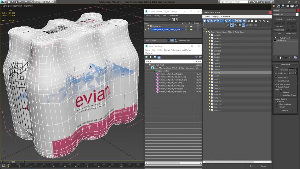 Evian Mineral Water 330ml 6 Bottle Pack 3D model