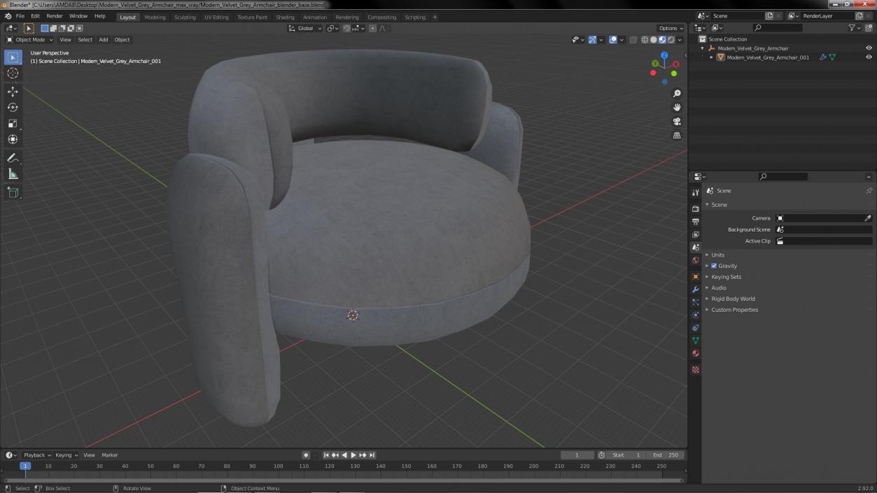 Modern Velvet Grey Armchair 3D