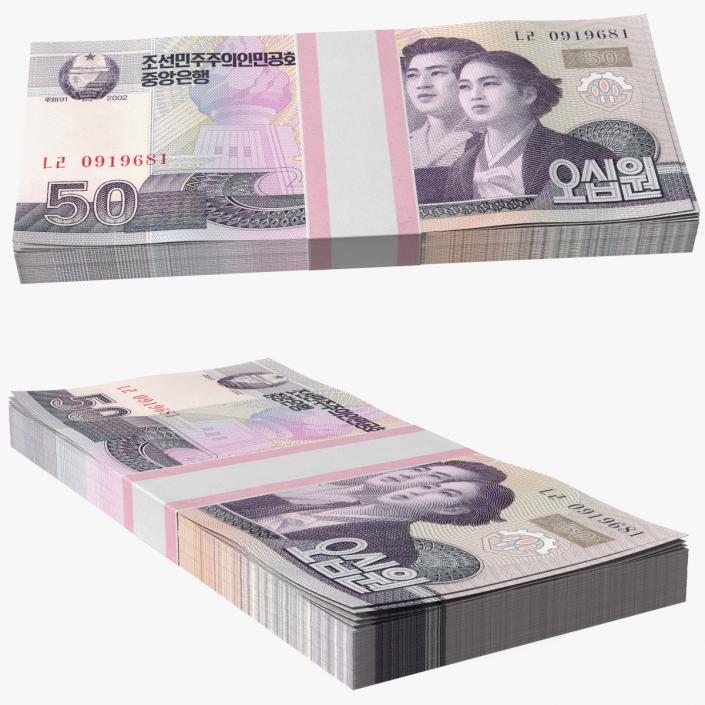 3D North Korea 50 Won Banknotes Pack model