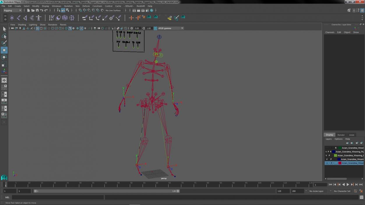 3D model Asian Grandma Wearing Pajamas Rigged for Maya