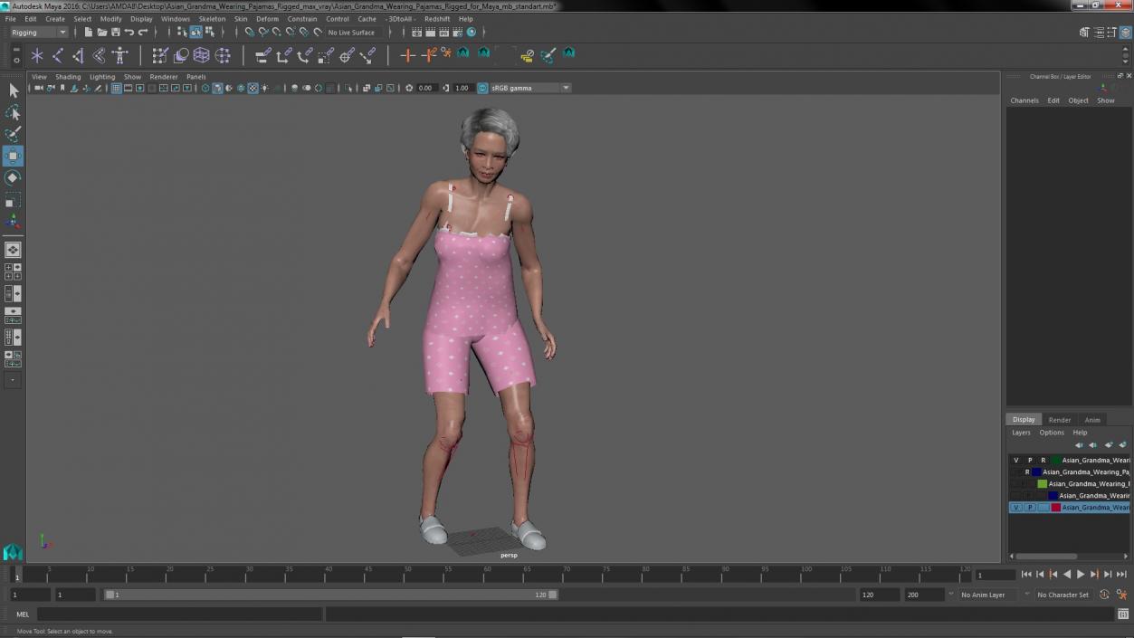 3D model Asian Grandma Wearing Pajamas Rigged for Maya