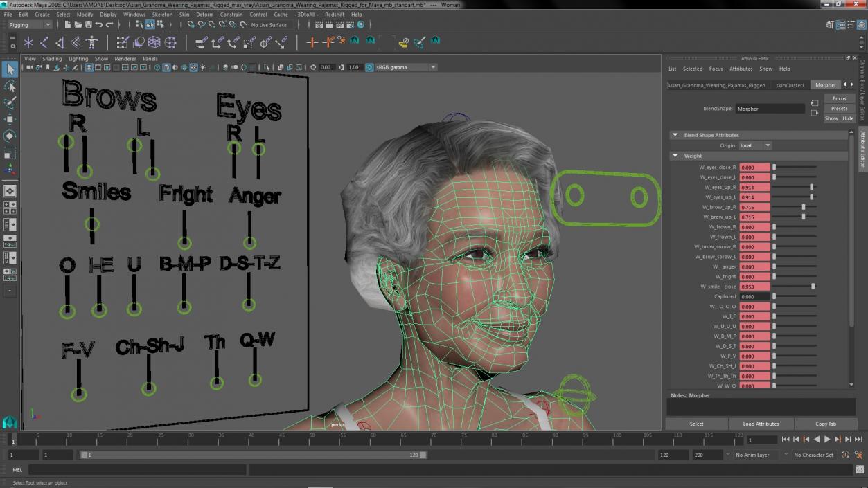 3D model Asian Grandma Wearing Pajamas Rigged for Maya