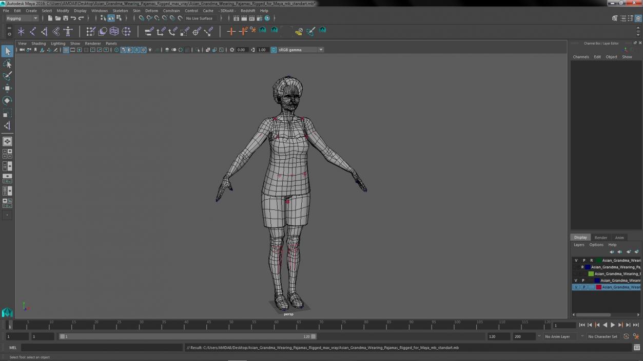 3D model Asian Grandma Wearing Pajamas Rigged for Maya