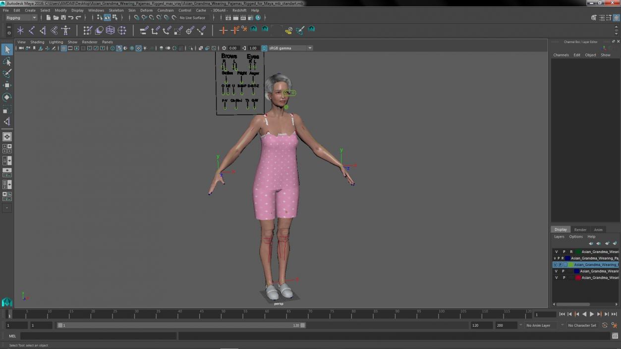 3D model Asian Grandma Wearing Pajamas Rigged for Maya