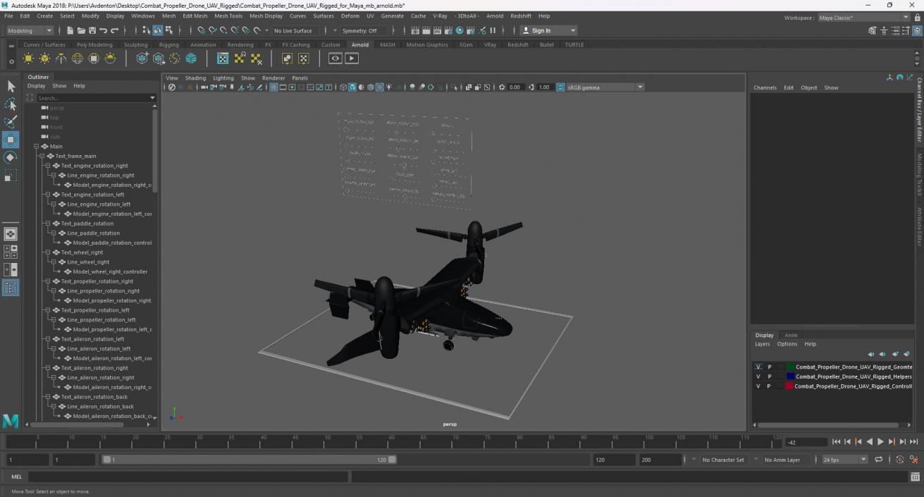 Combat Propeller Drone UAV Rigged for Maya 3D