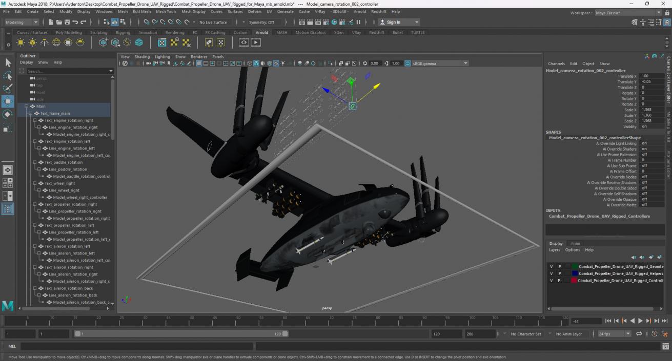 Combat Propeller Drone UAV Rigged for Maya 3D