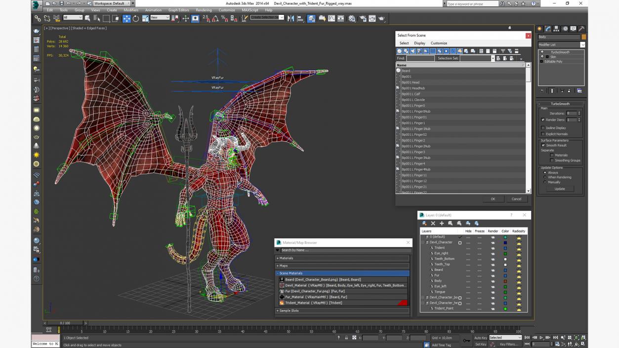 Devil Character with Trident Fur Rigged 3D model
