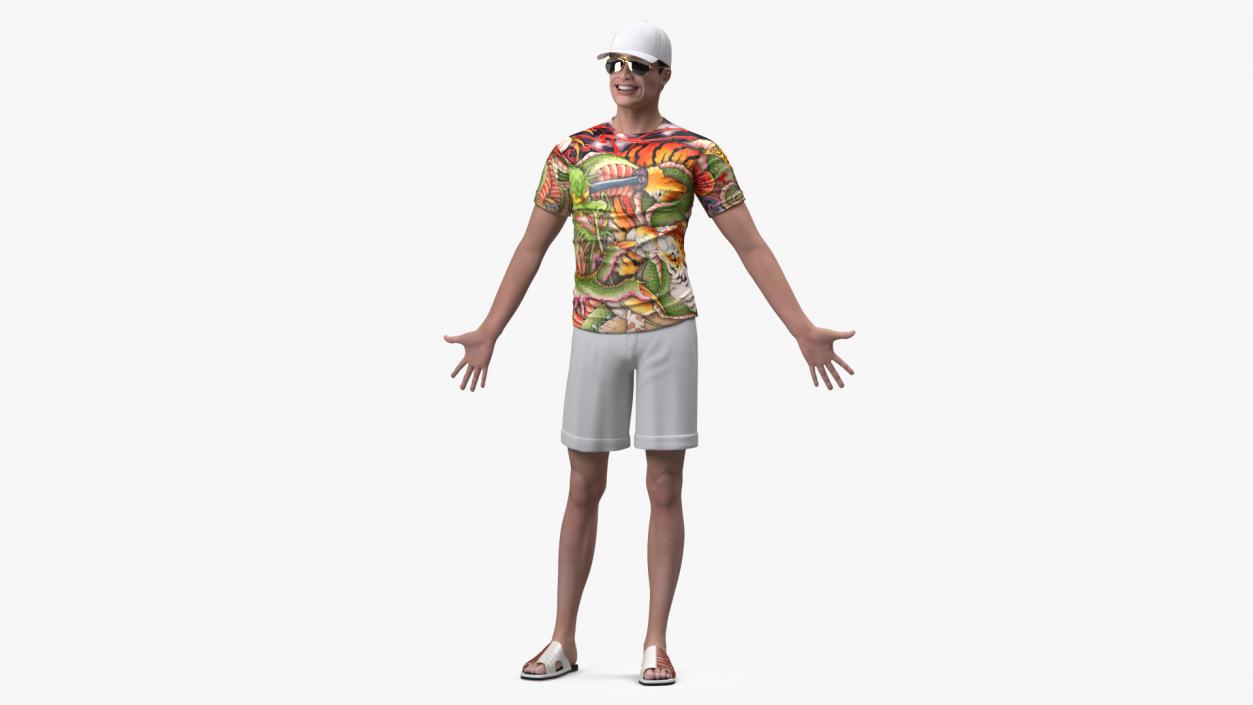 Asian Man Summer Outfits Smiling Pose 3D